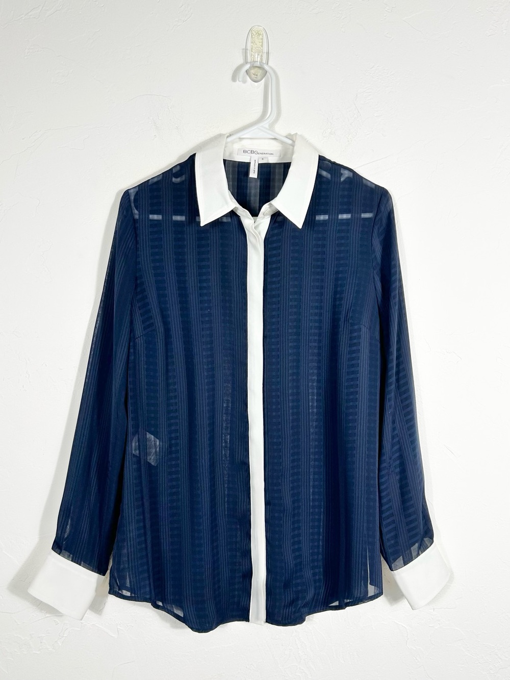 BCBGeneration Navy Sheer Striped Blouse with Contrast White Collar & Cuffs